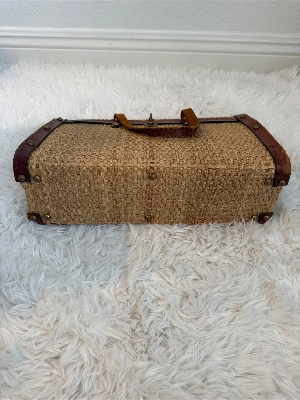 1960’s John Romain Bohemian Straw Attaché Bag  with Brown Leather Trim